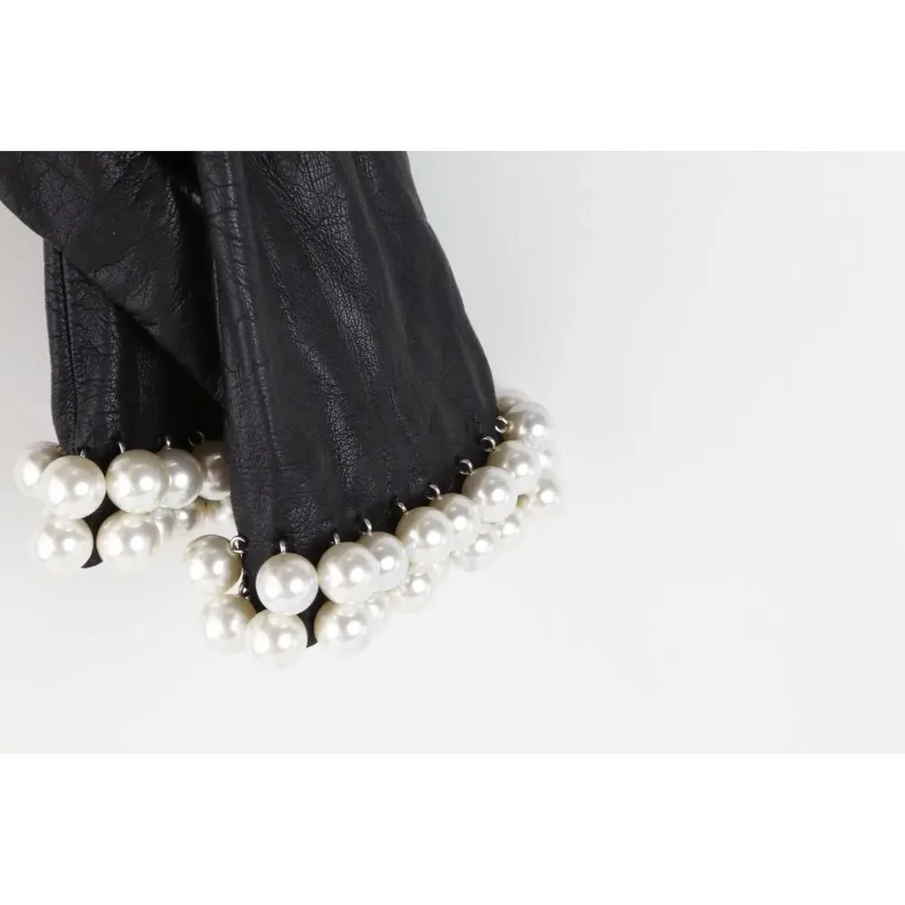 Tally B. Vintage Black Leather Triple Pearl Bead Fringe Gloves Silk Lined Size 8